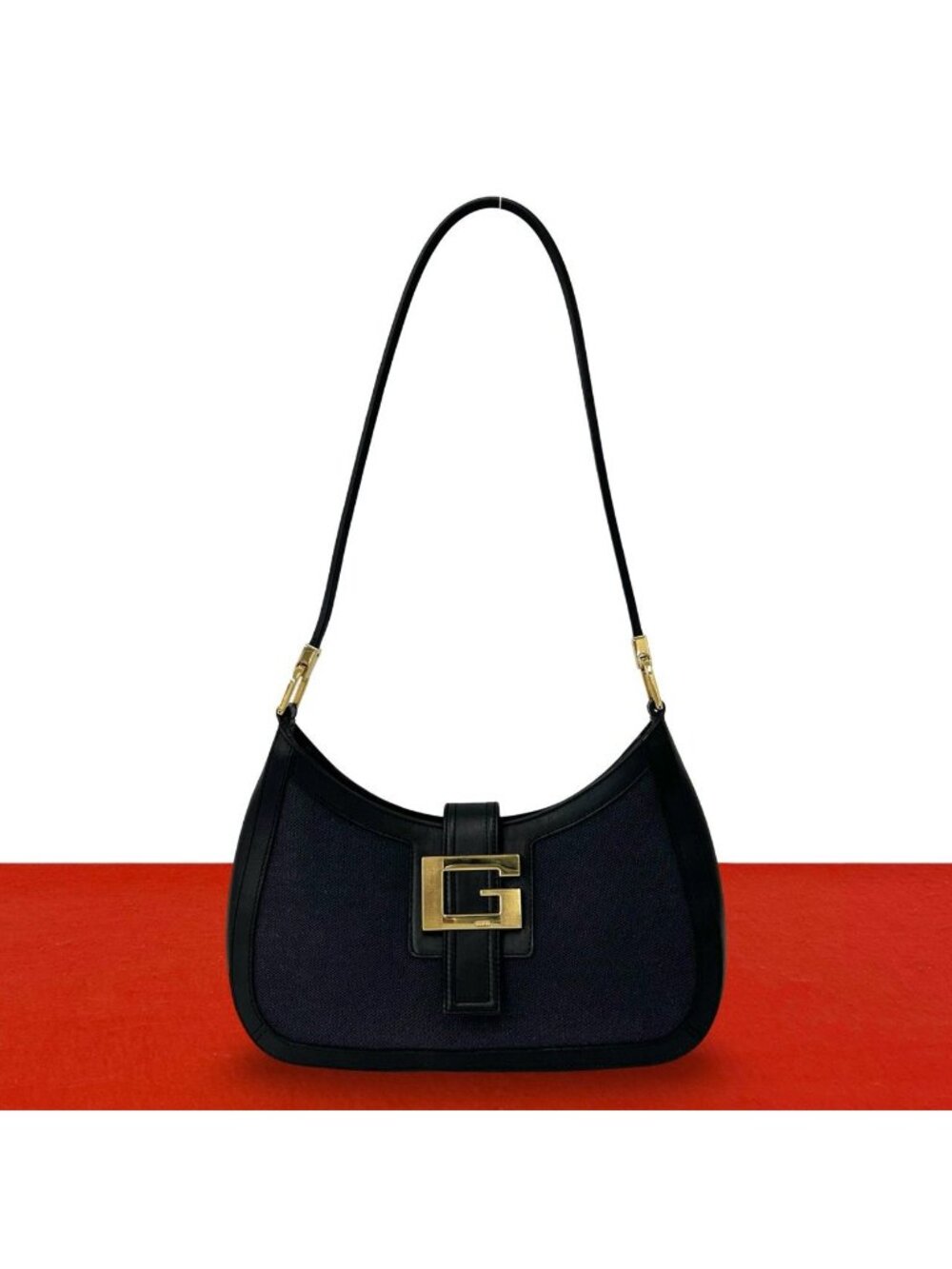 Gucci Logo Leather One Shoulder Bag Tote Black Navy